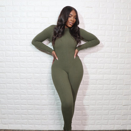 Long sleeve snatching jumpsuit| olive